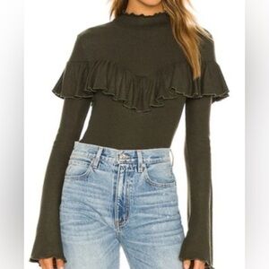 Revolve x Tularosa Jenaya blouse top Hunter Green ruffle ribbed office party USM
